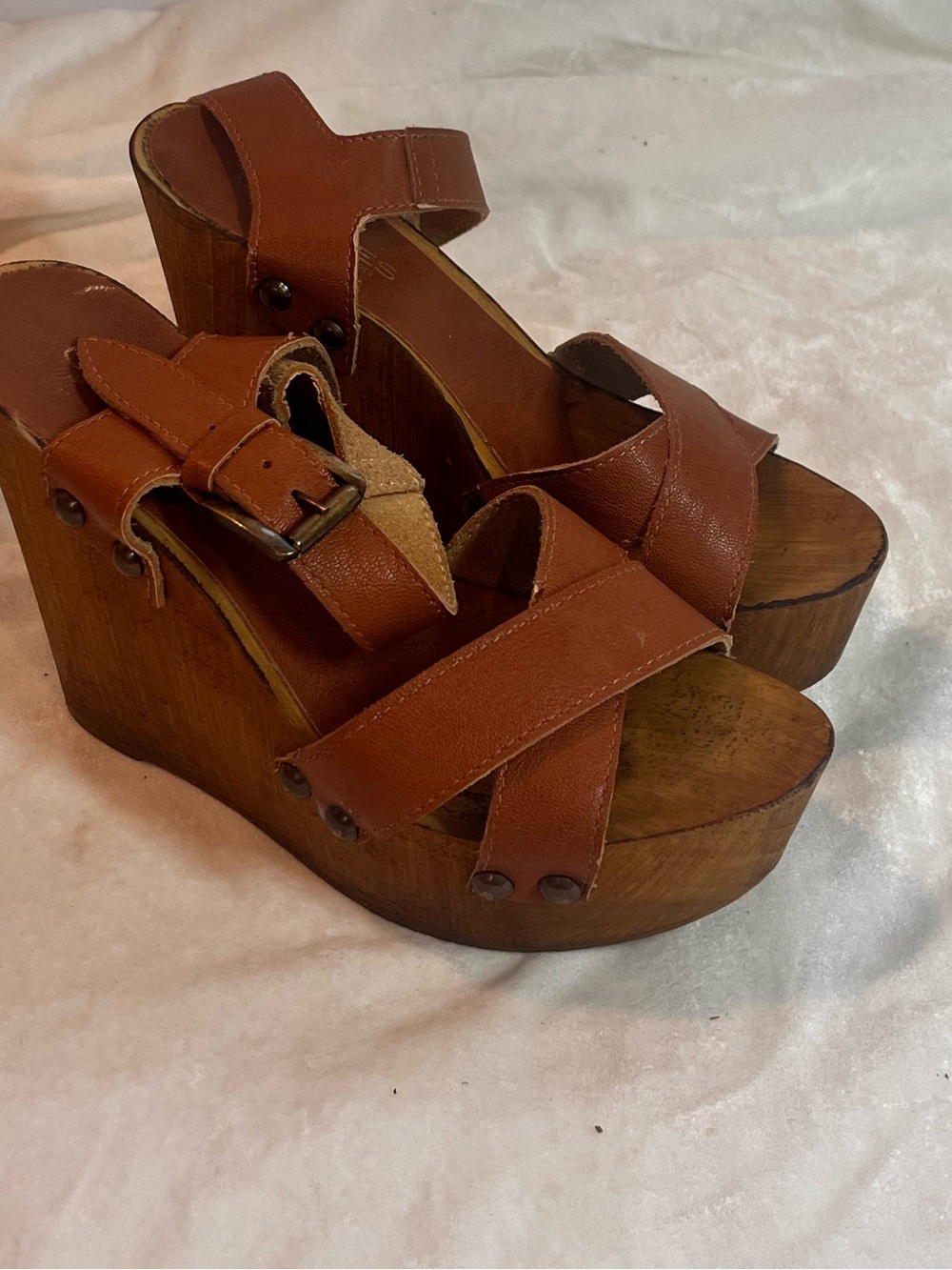 Charles By Charles David Tan Leather Platform Wedge Sandals
